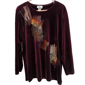 VTG 90s Superline Tunic Top Womens Large Burgundy Velvet Wearable Art Animals